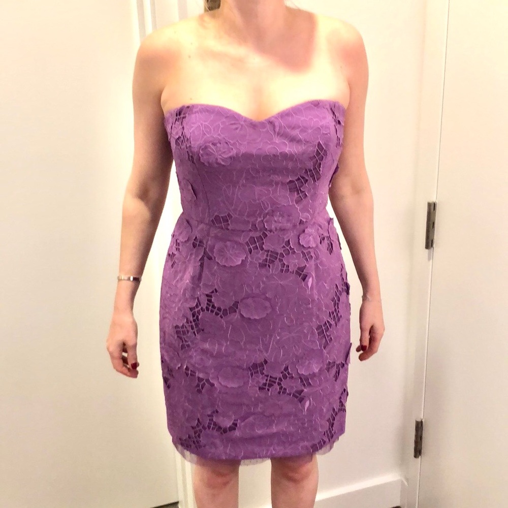 BCBG Purple Lace/Flower Strapless Cocktail Dress
